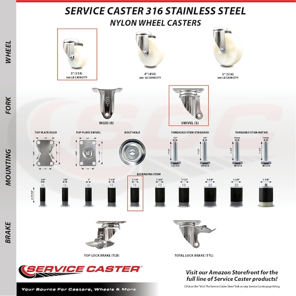 3 Inch 316SS Nylon Wheel Swivel 1-1/4 Inch Expanding Stem Caster